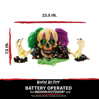 Haunted Hill Farm Scary Talking Groundbreaker Skeleton Clown Halloween Prop with Touch Activated Lights and Sounds, Battery Operated, Poseable Indoor or Covered Outdoor Halloween Decorations for Home