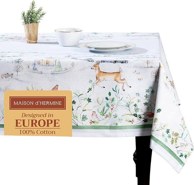 Maison d' Hermine Table Cloth Rectangle Table 100% Cotton 70 x 90 Inches Fall Tablecloth Reusable Everyday Use for Thanksgiving Christmas Decorations Dining Farmhouse Party (Snowy World)