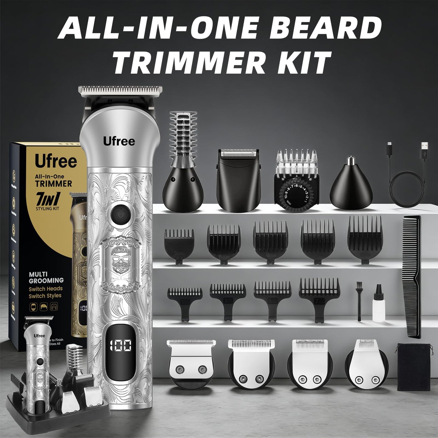 Ufree Beard Trimmer for Men, Electric Razor Shaver, Cordless Hair Clipper Shaving Kit for Mustache Body Nose Ear Hair Facial, Adjustable Beard Grooming Kit Birthday Gifts for Men