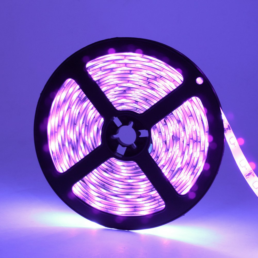 YGS-Tech 24 Watts UV Black Light LED Strip, 16.4FT/5M 3528 300LEDs 395nm-405nm Waterproof IP65 Blacklight Night Fishing Sterilization implicitly Party with 12V 2A UL Listed Power Supply