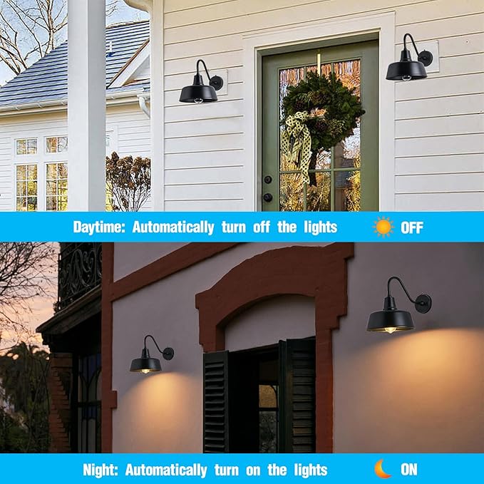 Gooseneck Barn-Lights Outdoor Fixture - 11 inch Farm Style Black Large Lighting Farmhouse Exterior Sconce Wall Light for House, Dusk to Dawn Sensor Front Door Porch Garage (11 inch)