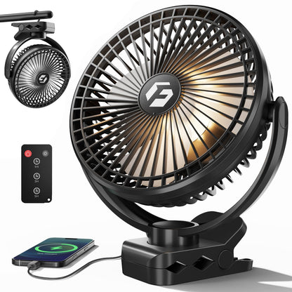 FRIZCOL 12000mAh 8 Inch Portable Clip On Fan Rechargeable, Battery Operated Desk Fan, Camping Fans with lights and Remote, USB Fans Sturdy Clamp for Golf Cart Desk Office Stroller Bedroom Tent