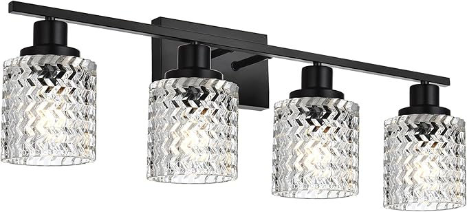 MELUCEE Matte Black Vanity Light 4 Lights Modern Bathroom Light Fixtures with Hammered Glass Shade, Indoor Metal Wall Lights for Powder Room Hallway Kitchen, E26 Base