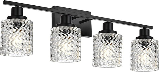 MELUCEE Matte Black Vanity Light 4 Lights Modern Bathroom Light Fixtures with Hammered Glass Shade, Indoor Metal Wall Lights for Powder Room Hallway Kitchen, E26 Base