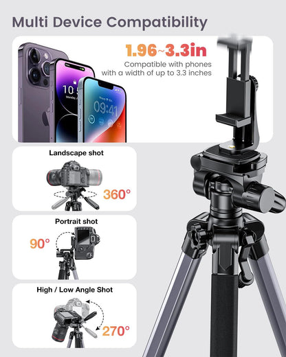 CAMBOFOTO 74"-Camera-Tripod, Professional Aluminum Tripod/Leg Stand Mirrorless Camera/DSLR/Cell Phone/Camcorder/GoPro, with Phone Holder and Travel Bag (Gunmetal Gray) Weight 2.8 lbs Load 8.8 lbs