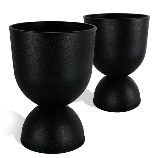 KOL Planters Flower Pots, Plastic Urn Planters for Indoor Outdoor Plants, Black Pedestal Planter Pots 2 Pack, 15 Inch Tall Decorative Planters with Drainage Holes & Plugs for Front Porch Patio Garden