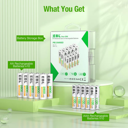 EBL Rechargeable Batteries Combo, AA 2800mAh (10 Pack) and AAA 1100mAh (10 Pack) High Capacity Precharged Ni-MH Rechargeable Batteries with Battery Organizer Storage Box