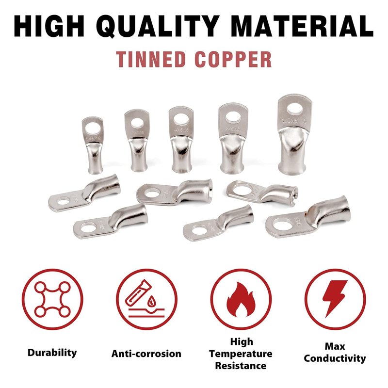 Heavy Duty 8 Gauge Tinned Wire Connectors - 10pcs Copper Ring Terminals with Marine-Grade Heat Shrink Tubing | 5/16" Size