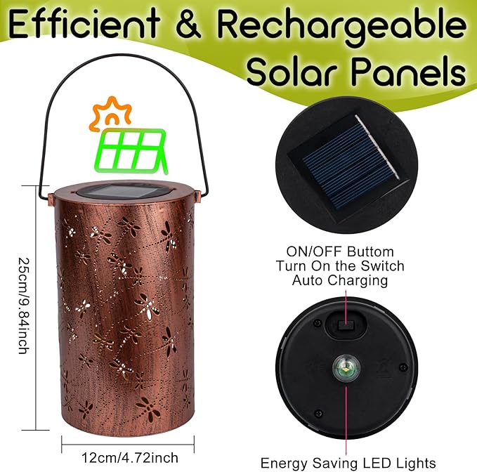 Boho Solar Lanterns Outdoor Birthday Gifts for Women Mom Grandma Metal Hanging Solar Powered Unique Garden Decorative LED Lights for Outside Yard Patio (Dragonfly)