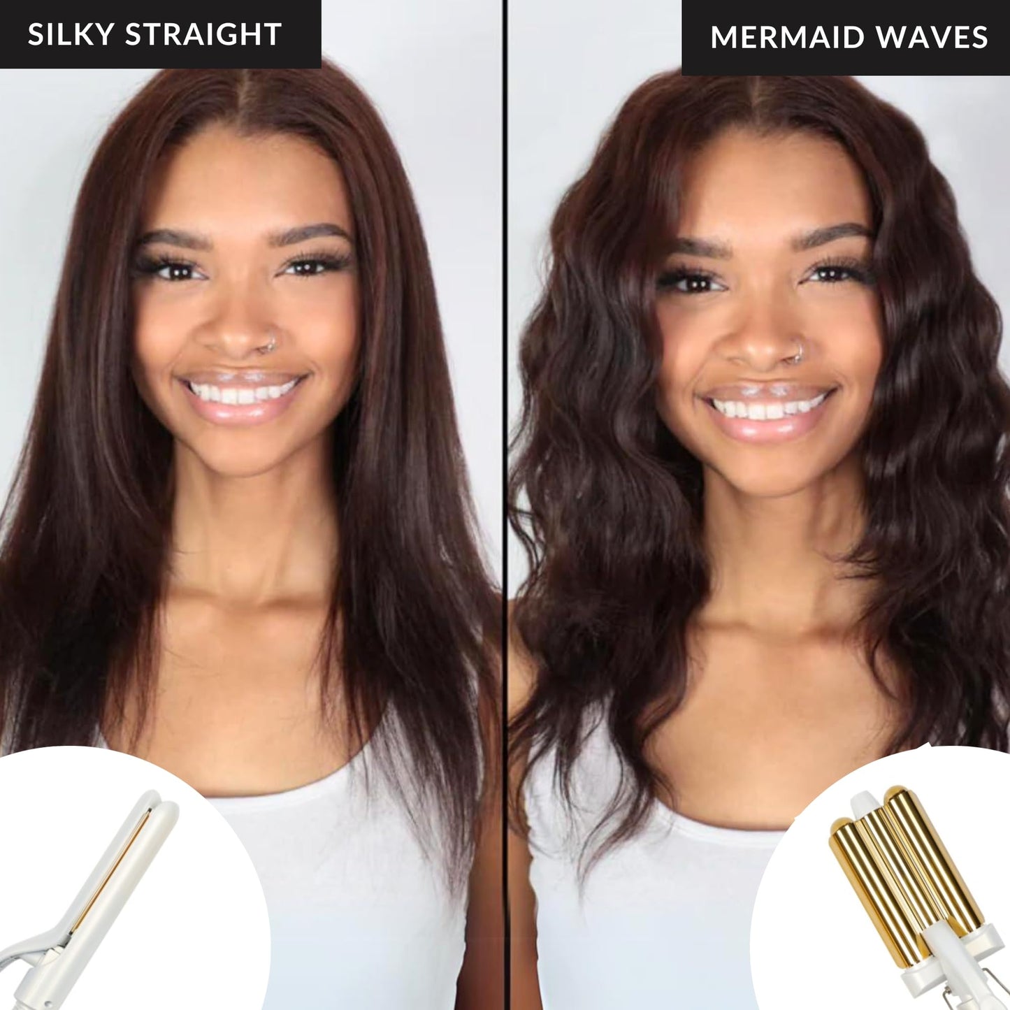 FoxyBae 5-in-1 Interchangeable Hair Tools Set - 1" Flat Iron Hair Straightener, 3 Barrels Hair Crimper, 3 Ceramic Curling Wands 0.75"-1.25", Salon Grade Waver & Curler (Pearl White - Gold)