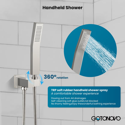 gotonovo Rainfall Bathroom Shower System Rain Shower Head and Handle Set Wall Mounted Shower Complete Combo Solid Brass Pressure Balancing Shower Mixer Valve 12 Inch Brushed Nickel