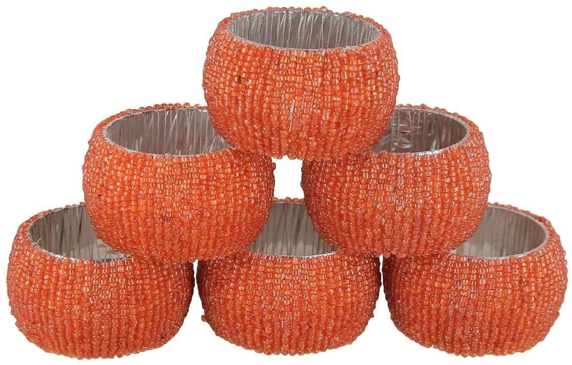 Handmade Indian Beaded Napkin Rings for Christmas, Thanksgiving, Holiday Party, Dinner Party - Napkin Holder (Orange, Set of 6)