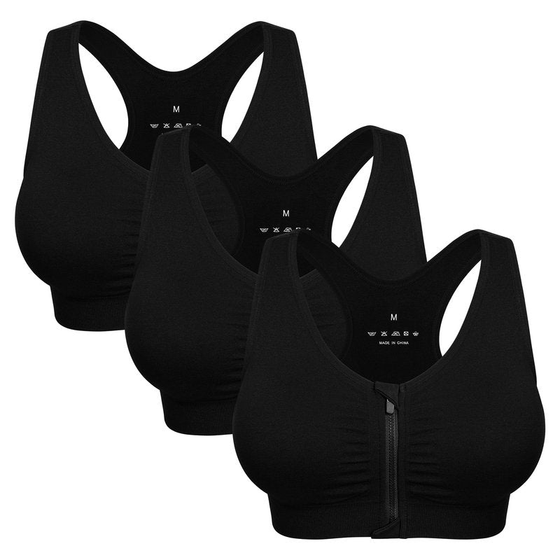 WANAYOU Sports Bras for Women Racerback Wireless Seamless Front Zipper Closure Workout Bra (XL:Fit 36D,36DD,38C,38D,40B,40C, 3 Pack Black)