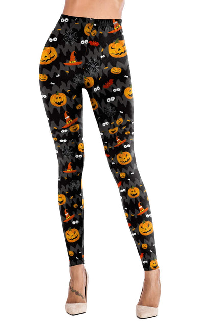 Pumpkin Print Leggings Halloween Horror Nights Bat High Waist Casual Pants for Women M