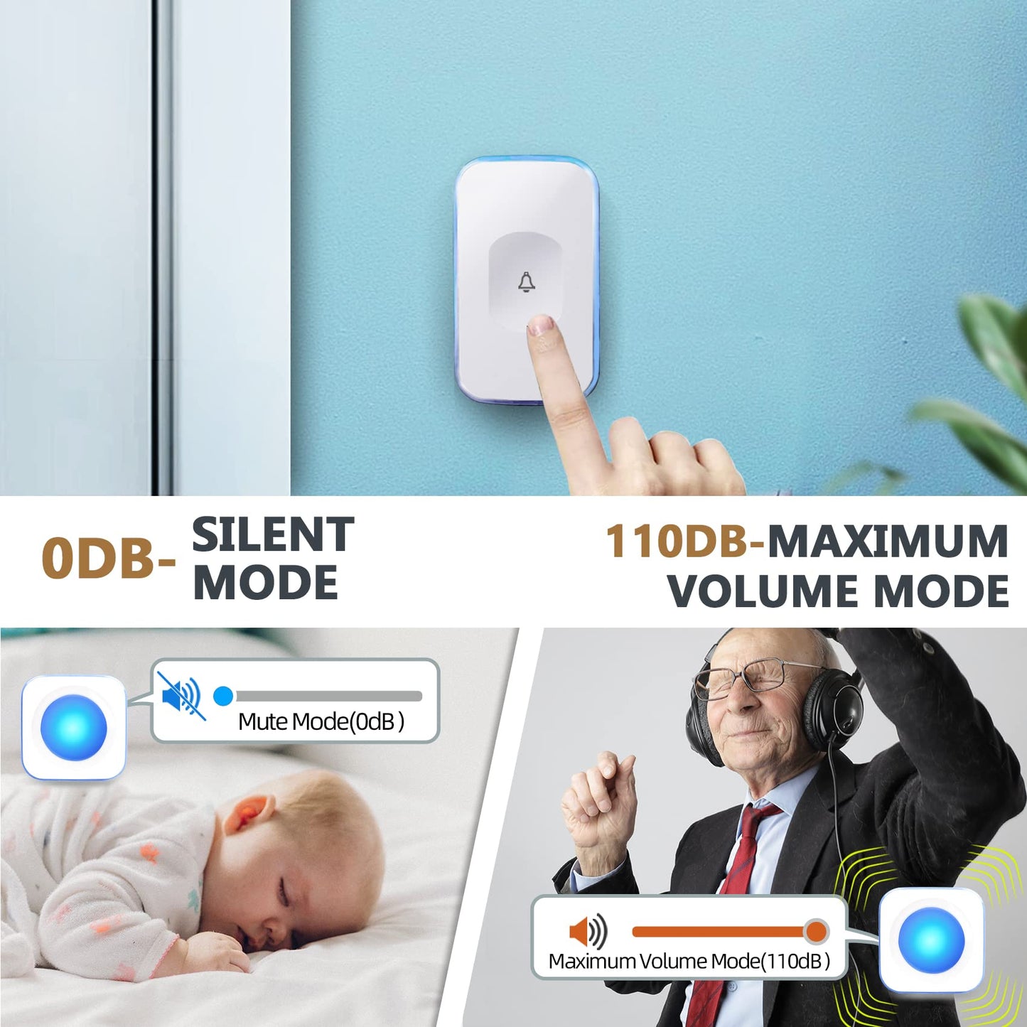 Wireless Doorbell 1200 feet Waterproof Door Bell with Flash LED Light 36 Melodies 4 Volume Levels (2 Receivers& 1 Touch Button, White JSIEEM)