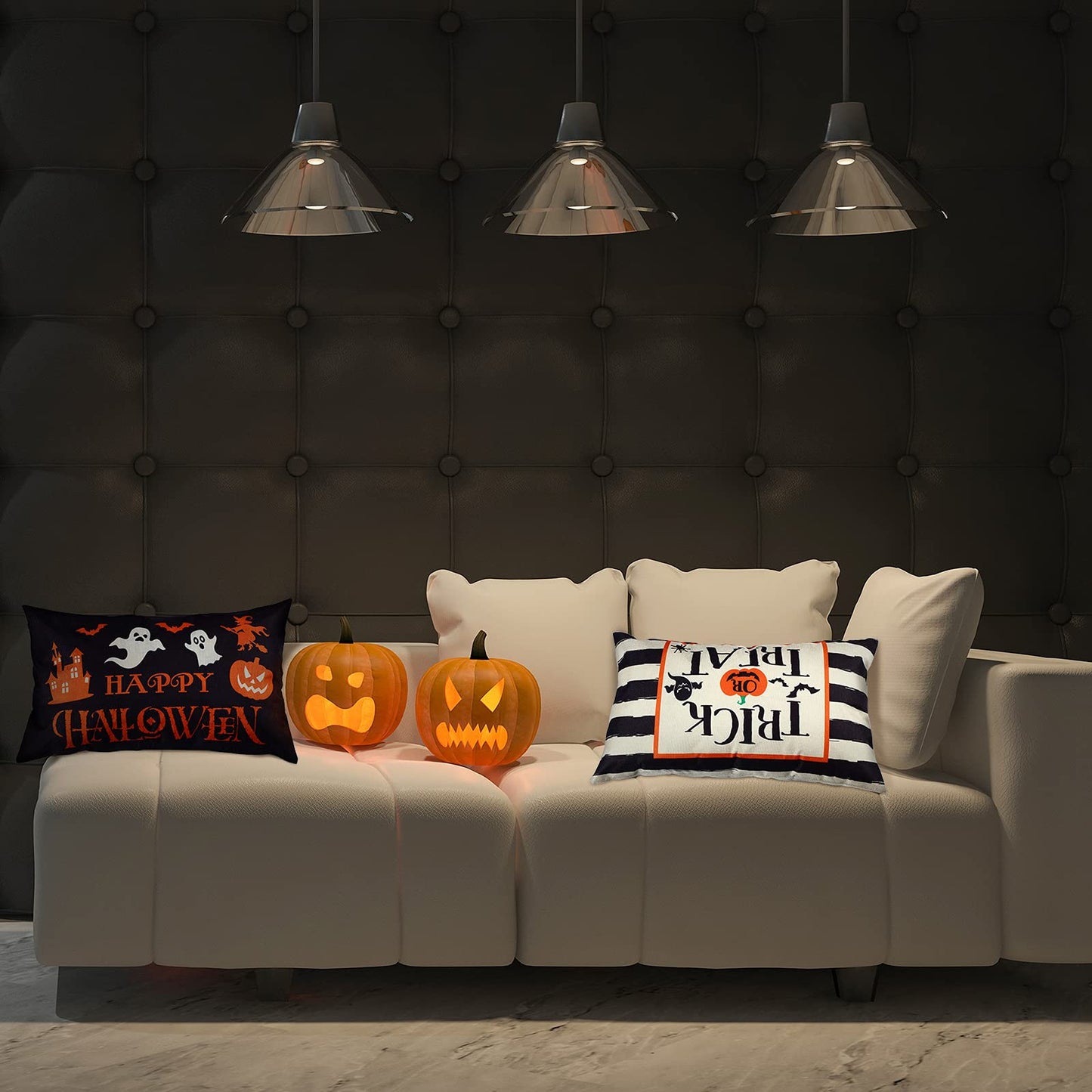 2 Pieces Happy Halloween Pillow Covers 12 x 20 Inch Ghost Jack-o'-Lantern Bat Cushion Cover Rectangular Halloween Throw Pillow Case Decoration for Bed Sofa Home
