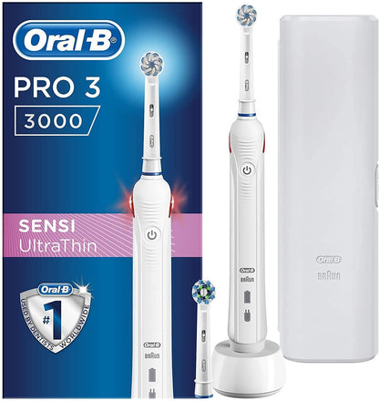 Oral-B Pro 3 Electric Toothbrush with Smart Pressure Sensor, Gifts for Women/Men, 2 Toothbrush Heads, 2 Modes with Sensitive Clean, Travel Case, 2 Pin UK Plug, 3000, White