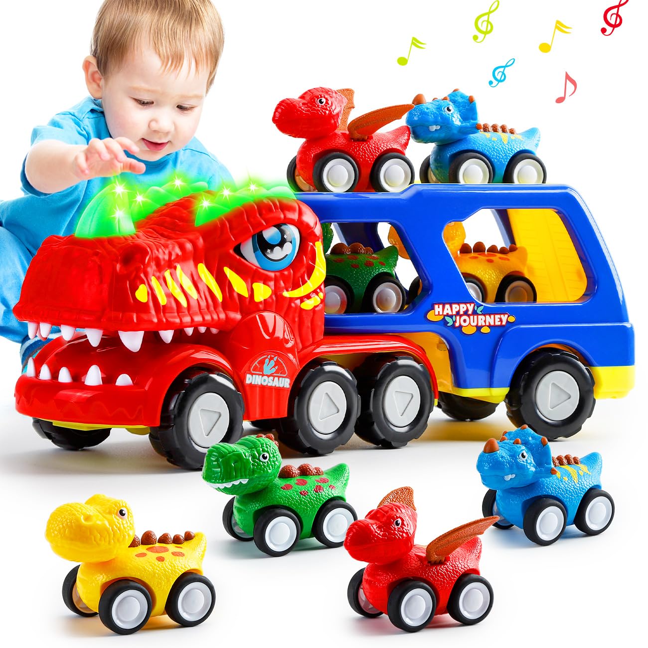 KmmiFF Monster Truck and Dinosaur Car Toys for Toddlers 2-5 Years Old - 5-Piece Pull Back Cars Set - Birthday Gifts for Boys and Girls