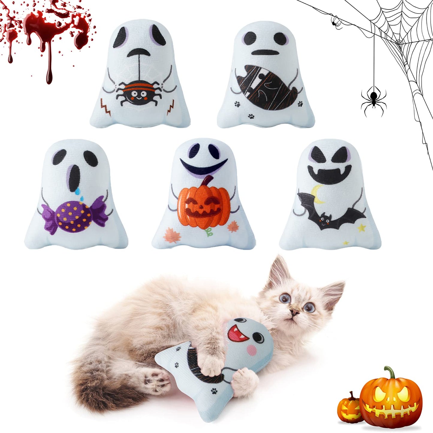 Dorakitten Catnip Toys Interactive Cat 5PCS Cats Chew Plush Ghost Toys & Pet Stuffed Nip Pillow & Kitten Best Kicker Toy Cute and Soft Teething Supplies for Moving Kitty Indoor