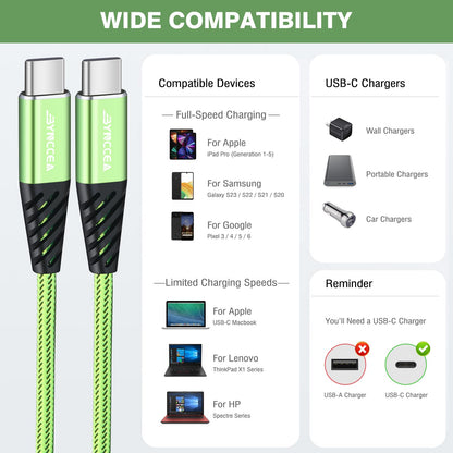 Bynccea USB C Cable to USB C Charger Cable 4-Pack 10ft Fast Charging USB C Cable, Nylon Braided 60W(5A) Type C to Type C Charging Cable for Phone 17/16 15/15 Pro/15 Plus/15 Pro Max S22 S23 Note 20