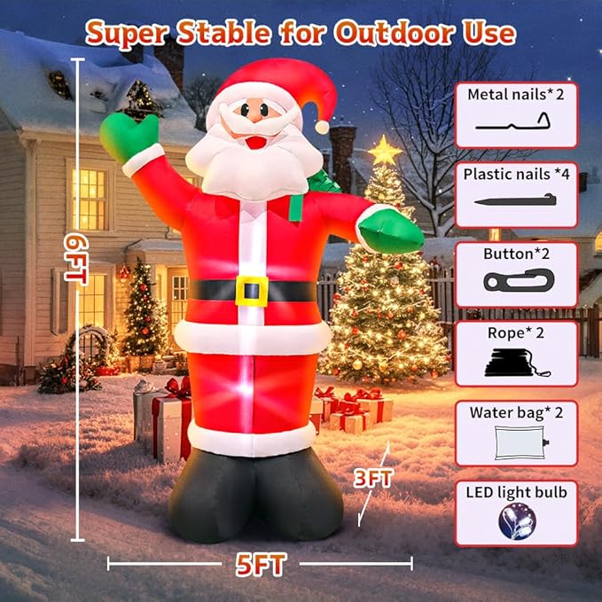6FT Inflatable Santa, Christmas Inflatable Santa Claus with Gift Bag, Santa Blow up Yard Decorations Built-in LED Lights Party Lawn Holiday Xmas Winter Outdoor Décor