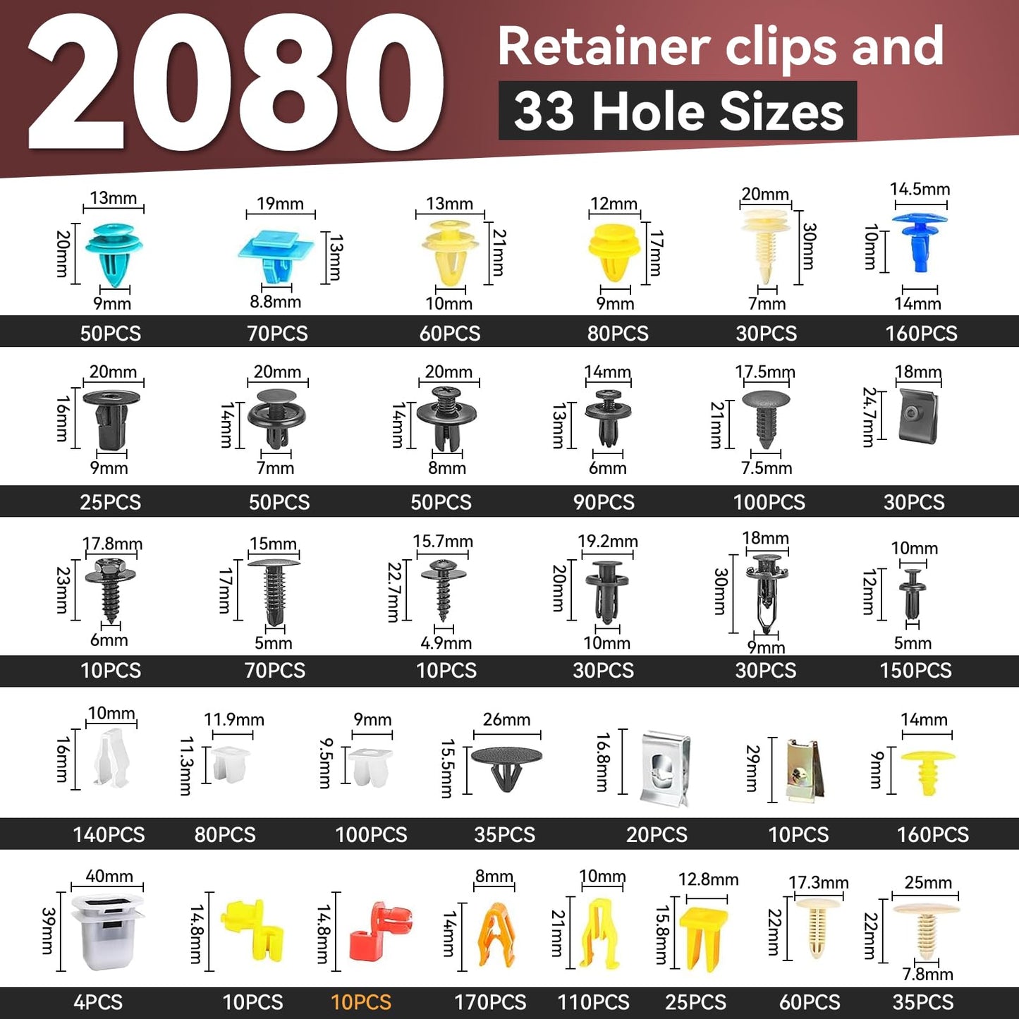2080Pcs Car Retainer Clips & Fasteners Kit – 33 Universal Sizes Nylon Bumper, Fender Rivets, Door Panel Clips, and Plastic Rivets with 10 Cable Ties and Removal Tool for Toyota, Ford, Benz (2080pcs)