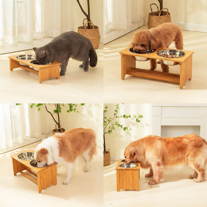 FOREYY Raised Dog Bowls for Cats and Dogs - Bamboo Elevated Dog Cat Food and Water Bowls Stands Feeder Dishes with 2 Stainless Steel Bowls and Anti Slip Feet (Small - 10 cm high)