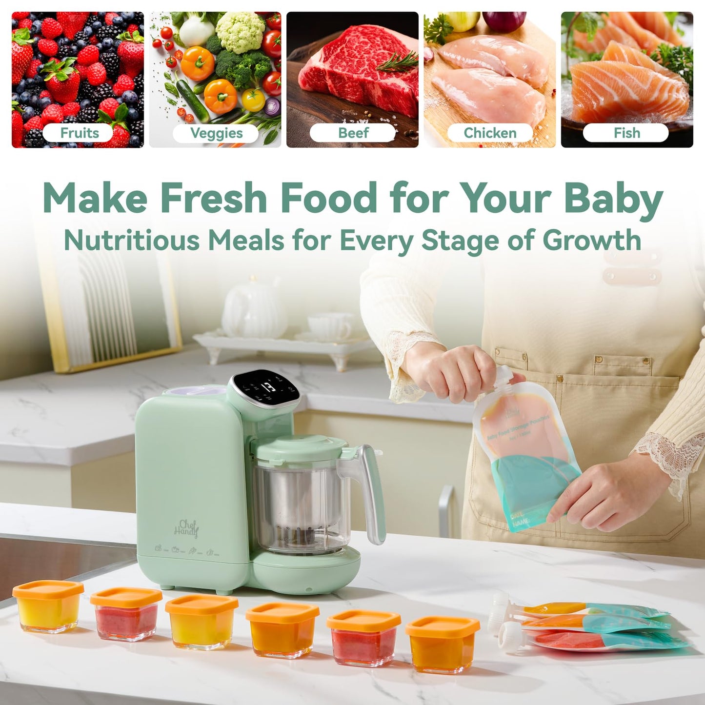 Baby Food Maker, 5 in 1 Baby Food Processor with Steaming Basket, Auto Cooking & Grinding, Touch Screen Control, Baby Steamer and Blender, Baby Food Puree Maker Warmer Mills Machine (Green)
