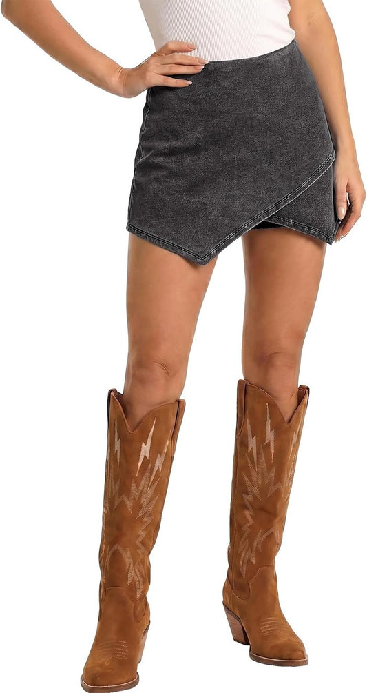 High-Waisted Jean Skorts for Women - Stretchy Denim Wrap Skirt with Shorts | Trendy Asymmetrical Design