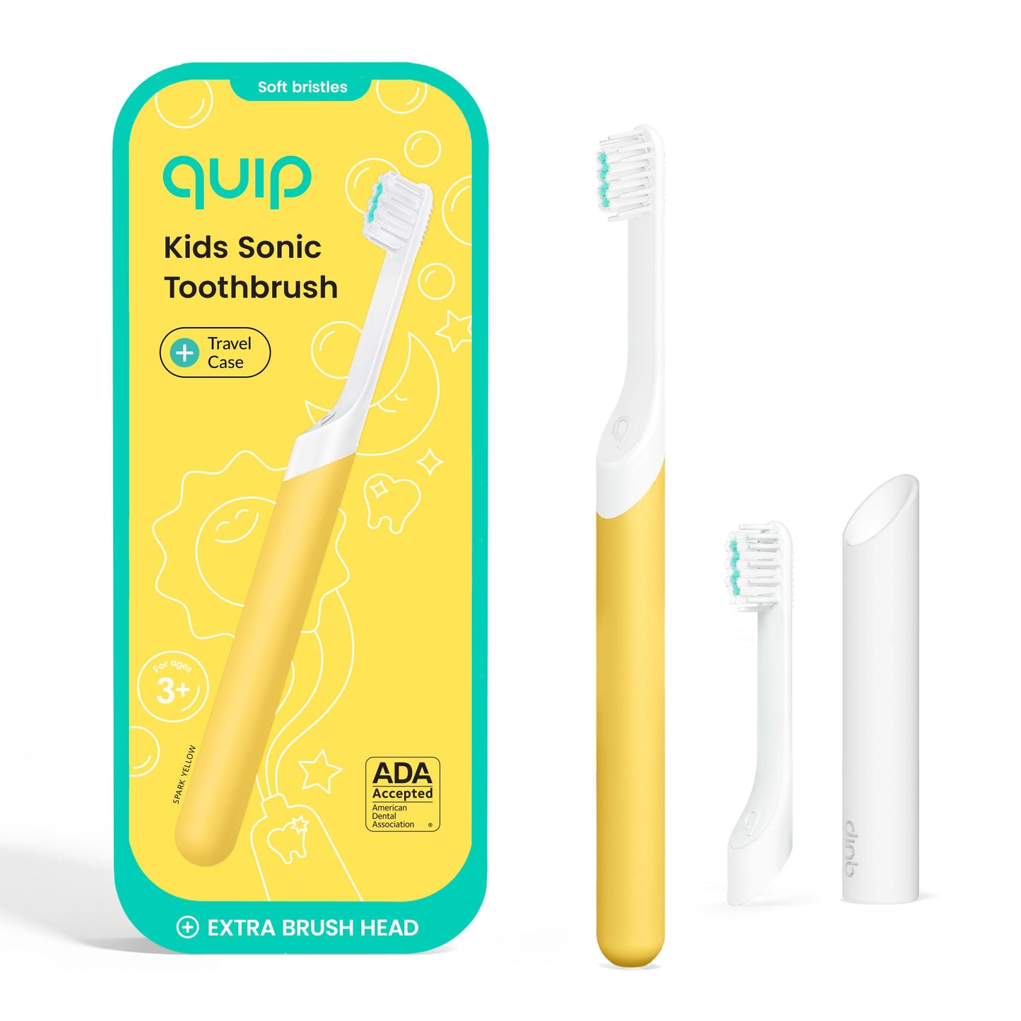 Quip Sonic Toothbrush for Kids with Timer - Includes Extra Brush Head and Travel Cover Mount - Electric, Soft Bristle Refill Head, Rubber Handle, 3 Month Battery Life - Travel Toothbrush - Blue
