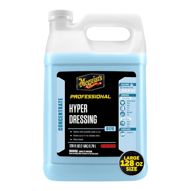 Meguiar's Hyper Dressing, 1 Gallon, Trim Shine For Drivers & Detailers— Car Wash Soap Restores Gloss And Deep Black Look; Use On Plastic And Rubber Trim, Tires, Bumpers And Wheel Wells