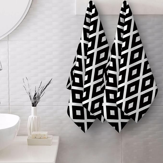 Black and White Diamond Hand Towels for Bathroom Set of 2 Soft Absorbent Modern Decorative Bath Towels for Farmhouse Home Spa Gym Yoga Black White Bathroom Decor 14"x28"
