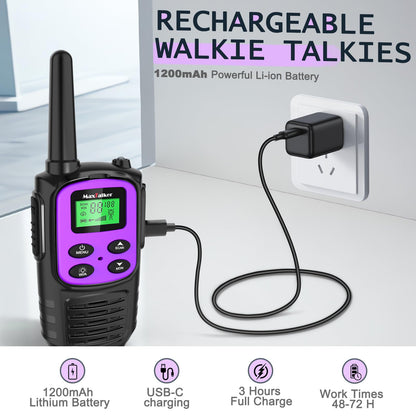 Walkie Talkies Long Range for Adult, MT10 Rechargeable Walkie Talkies FRS Two Way Radio, NOAA, 1200mAh Li-ion Battery USB-C Cable, LED Flashlight, VOX Walkie Talkie for Hiking Camping 2Pack