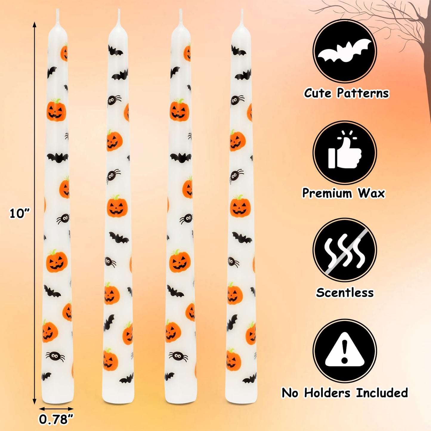 Tuitessine Halloween Taper Candles Decorative 10 Inch Tall Candle Set of 4 Unscented Pumpkin Bat Spider Candlesticks Halloween Dinner Table Decorations Party Decor Spooky Candles Gift