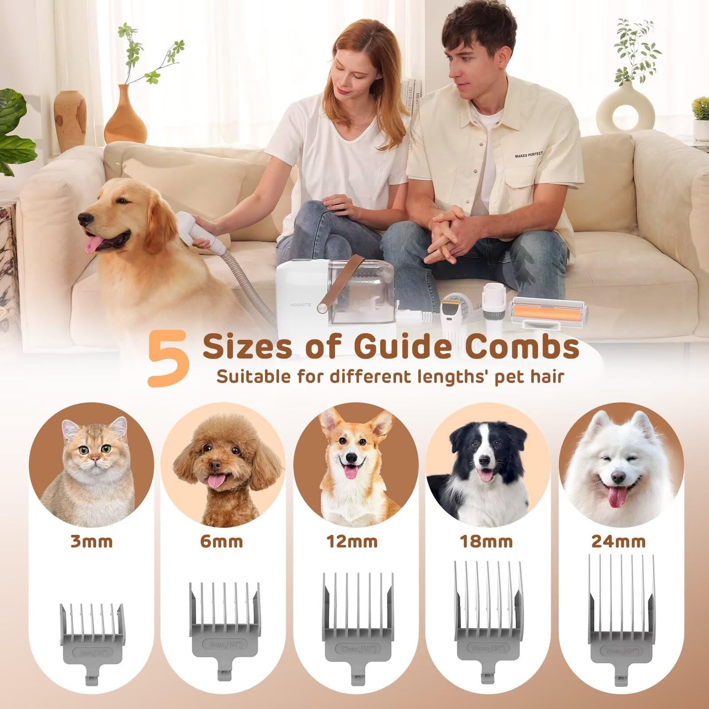 Dog Grooming Vacuum Kit - 3L Vacuum with 7 Tools, Low Noise Electric Clipper and Brush for Pet Shedding at Home, White