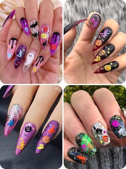 EBANKU 3 Boxes Halloween Nail Art Glitter Sequins, 3D Holographic Skull Spider Pumpkin Bat Ghost Witch Halloween Confetti Glitter for DIY Nail Art Halloween Party, Multicolor