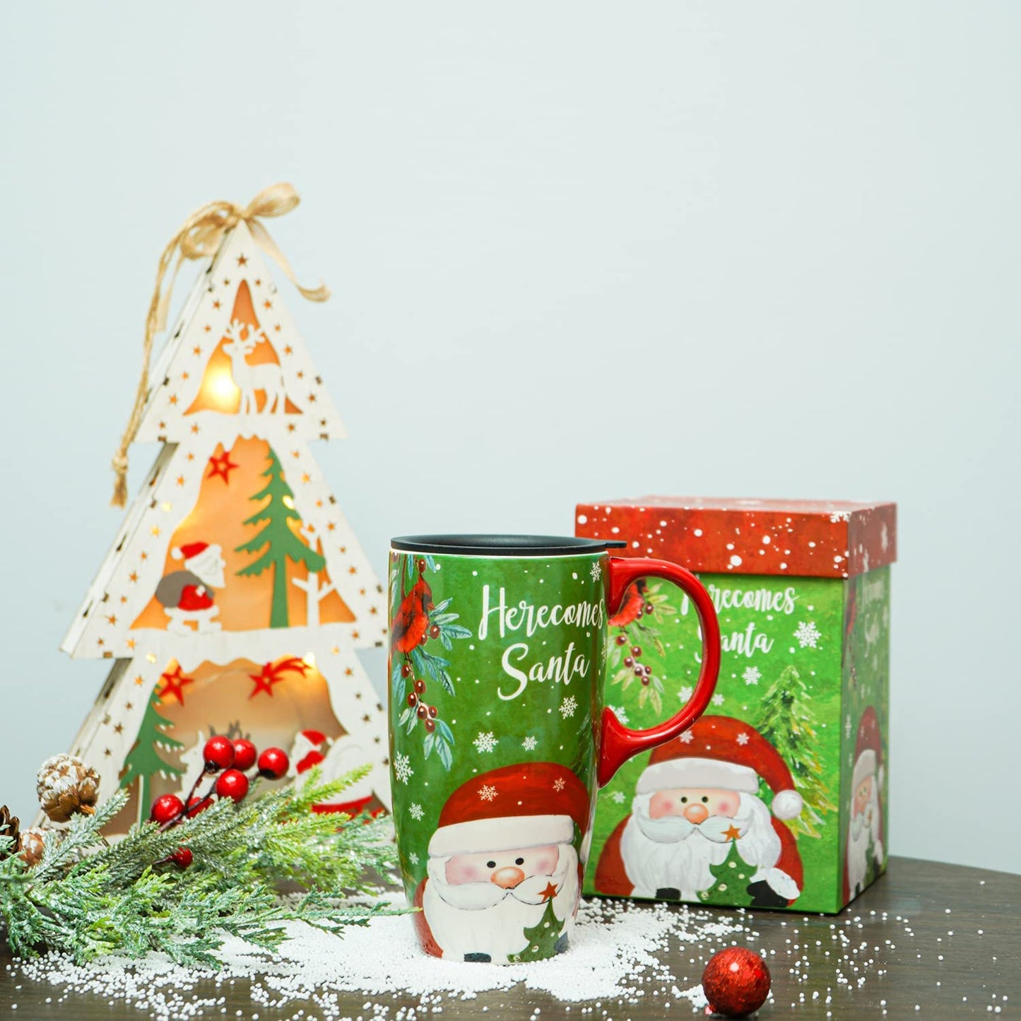 Topadorn 17oz Christmas Ceramic Travel Coffee Mug with Sealed Lid Tea Cup with Color Box, Microwave & Dishwasher Safe, Unique Coffee Mug for Latte & Hot Chocolate, Christmas Home Gifts, Santa