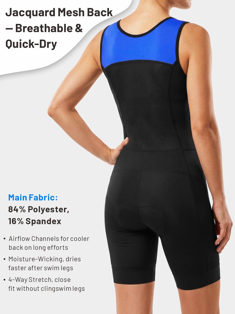 Women's Sleeveless Triathlon Suit One-Piece Trisuit for Swim Bike Run, Aero Fit, Race & Training, Padded, 2 Pockets Blue