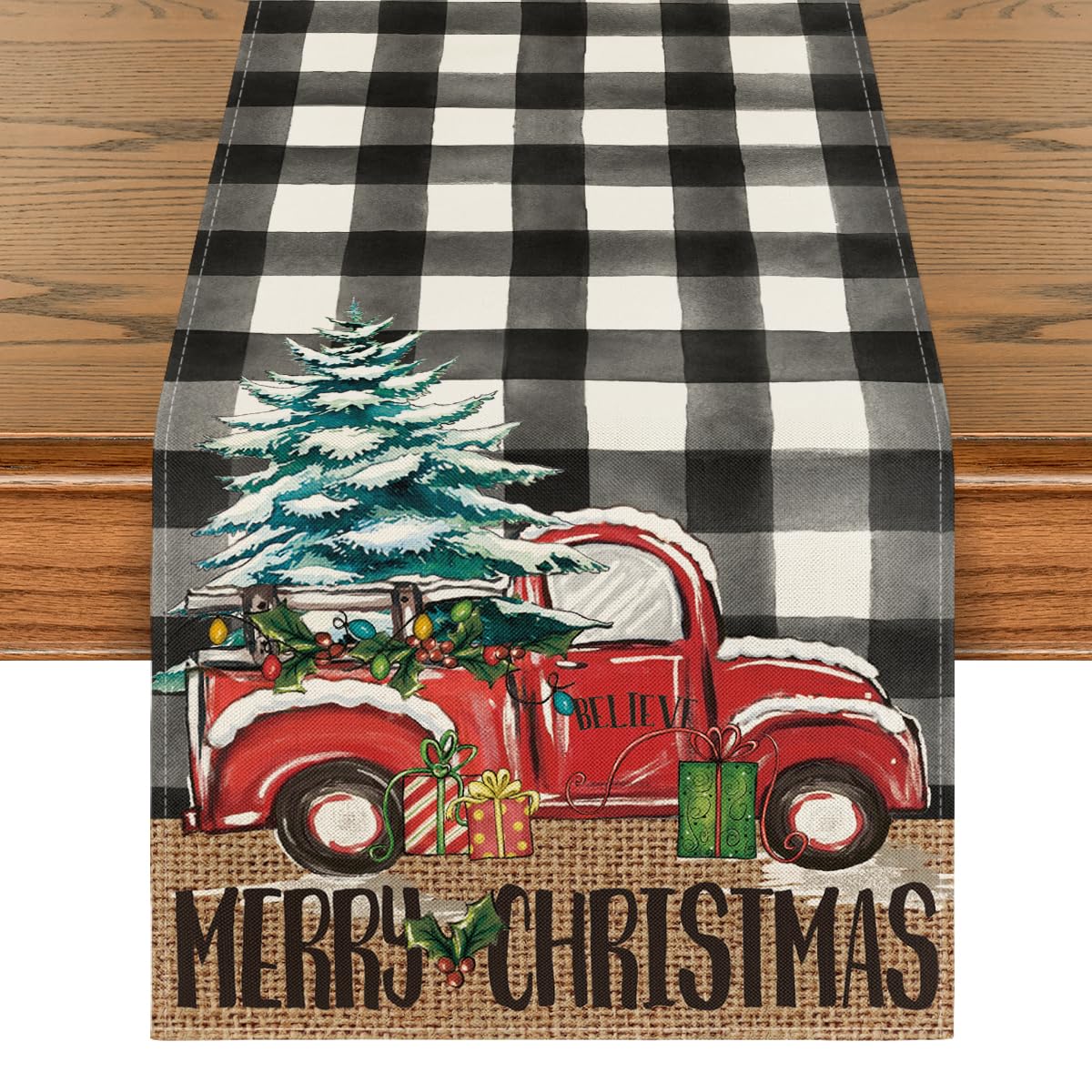 Artoid Mode Buffalo Plaid Merry Christmas Tree Table Runner, Seasonal Truck Gifts Kitchen Dining Table Decoration for Outdoor Home Party 13x72 Inch