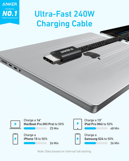 Anker Zolo USB C to USB C Cable, Braided and Dirt-Free Type-C Fast Charging Cable, Slim Connector, for iPhone 17 Series, MacBook (240W) (White, 3.3 FT)