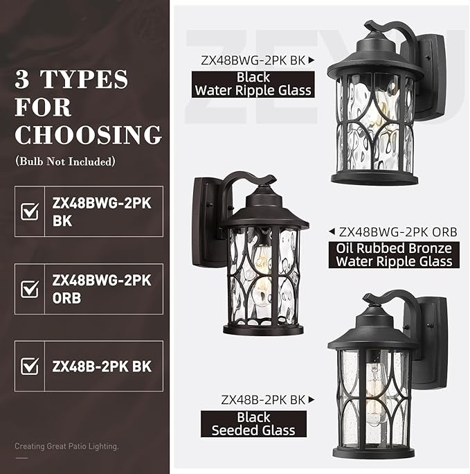 zeyu 12 Inch Outdoor Wall Lights, 2 Pack Exterior Front Porch Light, Die-Cast Aluminum, Oil Rubbed Bronze Finish with Water Ripple Glass Glass, ZX48BWG-2PK ORB