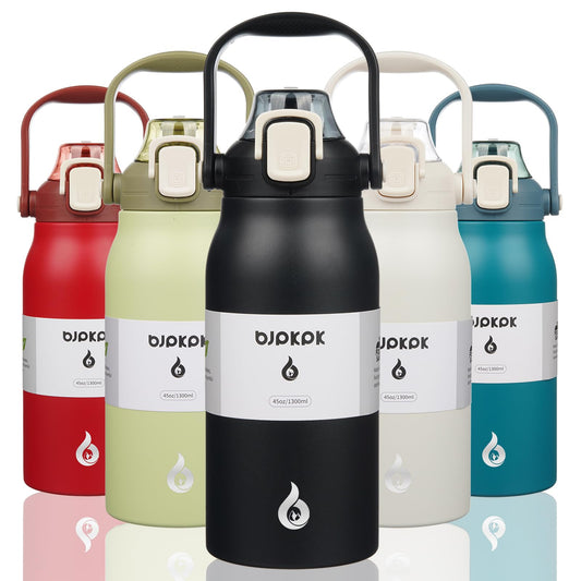 BJPKPK Insulated Water Bottles with Straw, 45 oz Stainless Steel Metal Water Bottle with One-handed Opening Lid, BPA Free Reusable Jugs, Thermo for Gym Sports Outdoors, Black