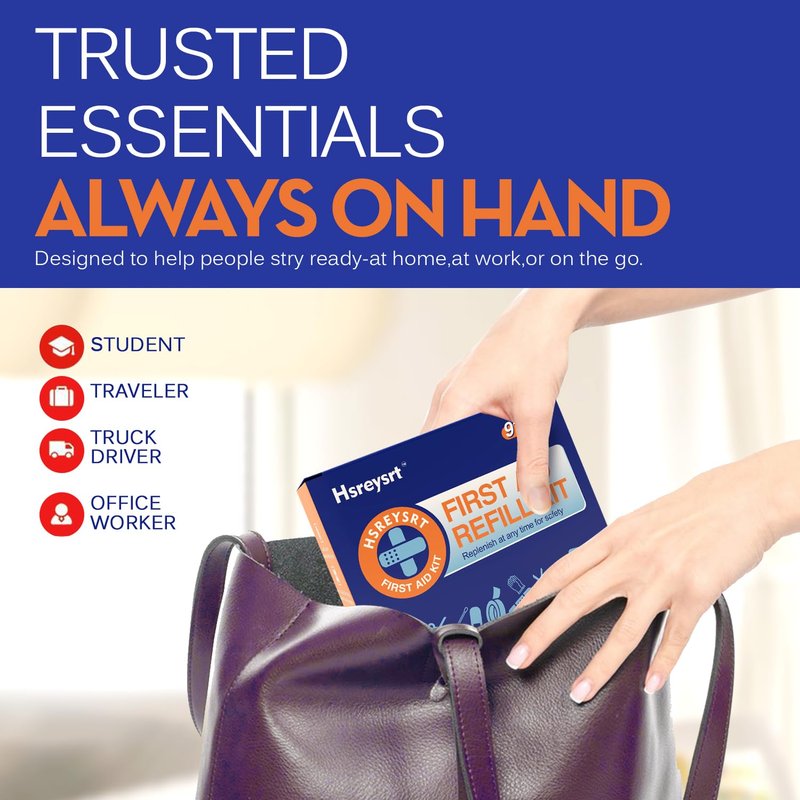 Hsreysrt-First Aid Refill Kit for Home, Car & Travel, Wound Care Supplies with Scissors, Tweezers, Assorted Bandages & Adhesive Bandages