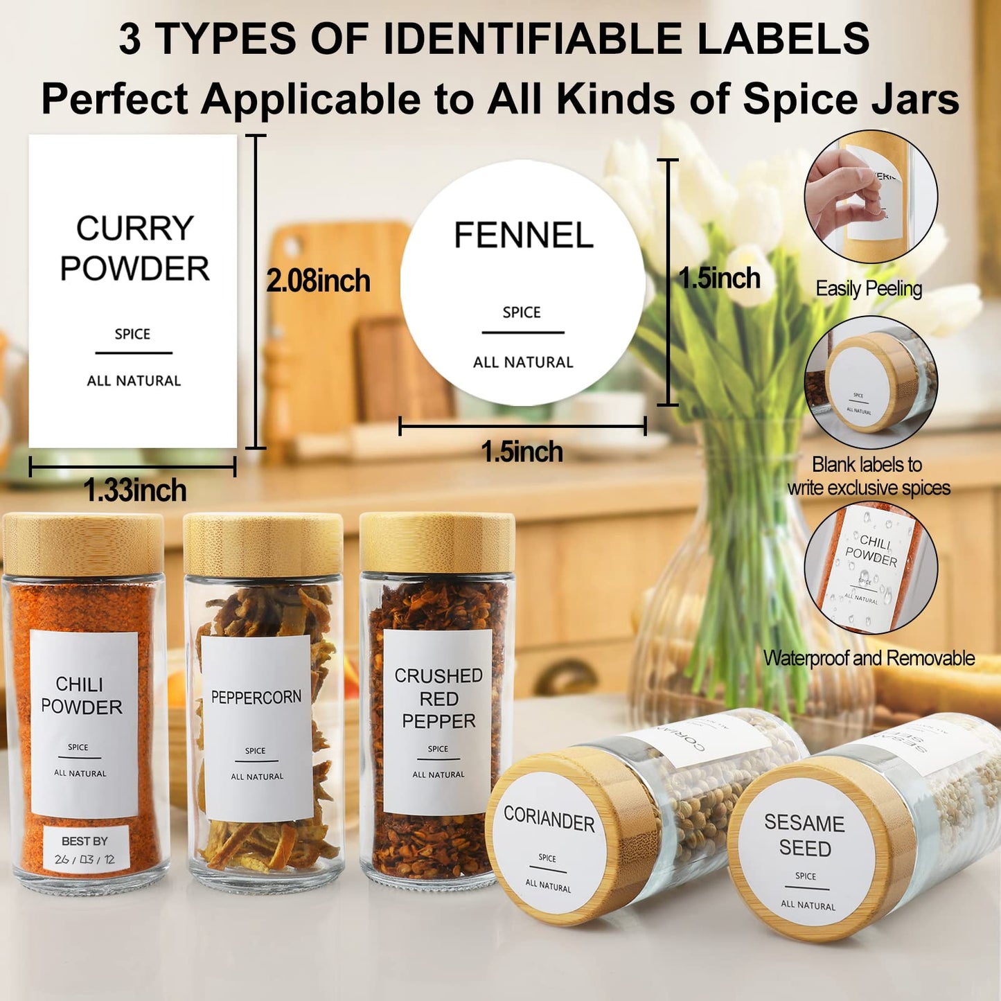 AISIPRIN Glass Spice Jars with 398 Labels, 24 pcs 4oz Spice Containers with Bamboo Lids, Square Spice Bottles With Shaker Lids,Spice Organization for Cabinet,Drawer,Rack,Seasoning Organizer