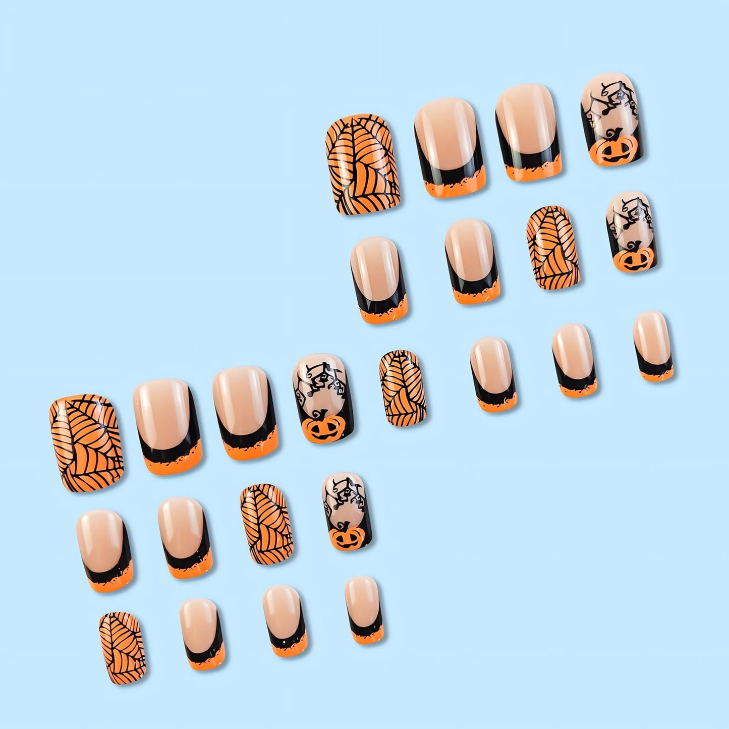OHWODA Halloween Medium Fake Nails Square Press on Nails Black Spider Web Glue on Nails Halloween Pumpkin Nails Press ons Orange French Halloween Press on Nails for Women DIY Manicure Decorations
