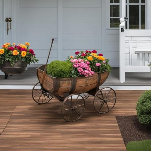 SkyMall Rustic Barrel Wagon Planter – Vintage-Style Garden Cart with Faux Wood Finish & Iron Wheels – Weather-Resistant Outdoor Flower Bed Décor – 34" L