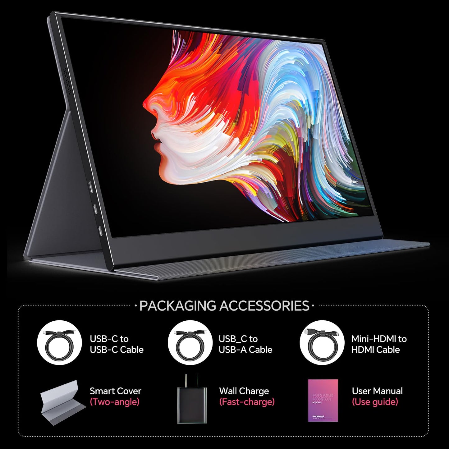 Portable Monitor 15.6 Inch 1080P USB-C HDMI Ultra-Slim Travel Monitor with Kickstand, for Laptop, PC, Mac Phone, PS, Xbox, Swich IPS Ultra-Thin Zero Frame Gaming