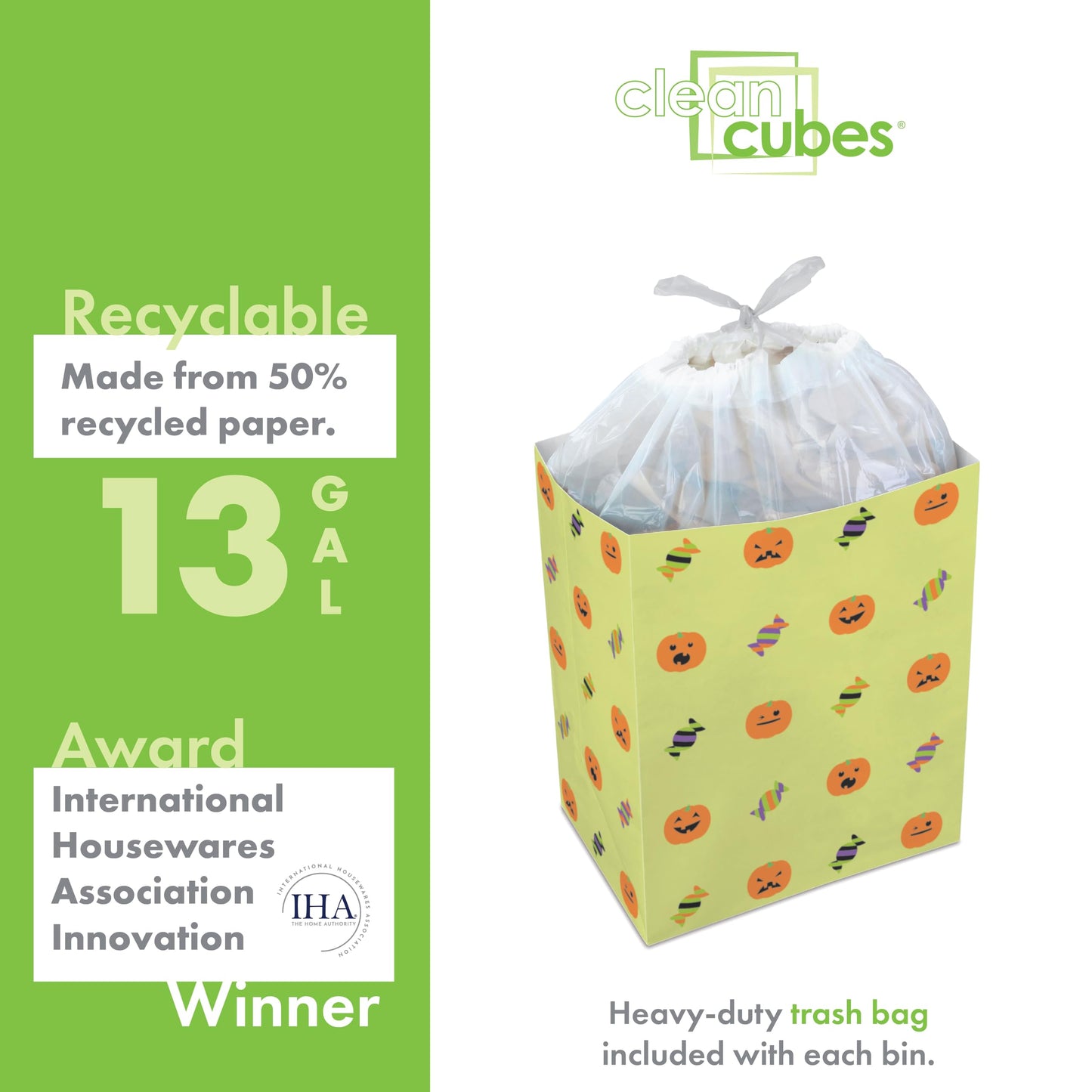 Clean Cubes 13 Gallon Disposable Pop-Up Trash Cans (3-Pack) with Fitted Bags – Foldable Garbage & Recycling Bins for Parties, Events & Kitchen (Halloween, 17" H x 13.5" W x 10" D)