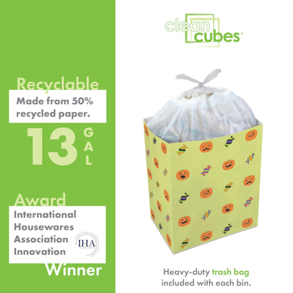 Clean Cubes 13 Gallon Disposable Pop-Up Trash Cans (3-Pack) with Fitted Bags – Foldable Garbage & Recycling Bins for Parties, Events & Kitchen (Halloween, 17" H x 13.5" W x 10" D)