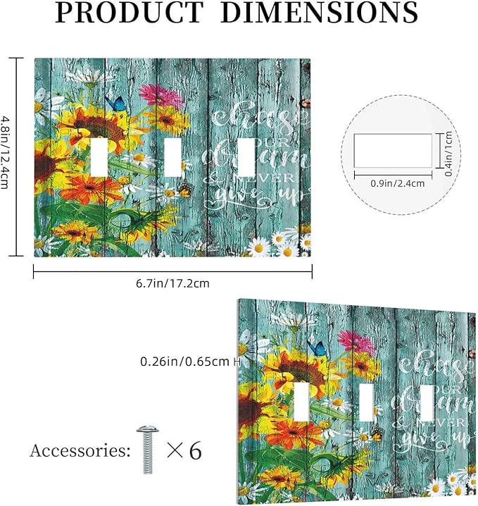 Turquoise Rustic Vintage Wood Planks Sunflower Butterfly 3 Gang Wall Plates Decorative Triple Toggle Light Switch Cover Electrical Switchplate Unused Decorate Faceplate for Bathroom Home